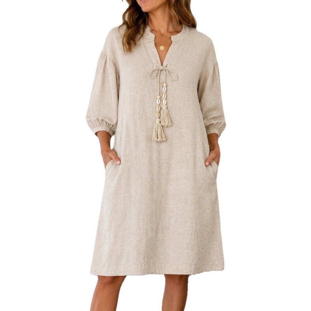 Magaschoni Oatmeal Linen Peasant Shift Dress XS NWT Shell Tassel Oversized